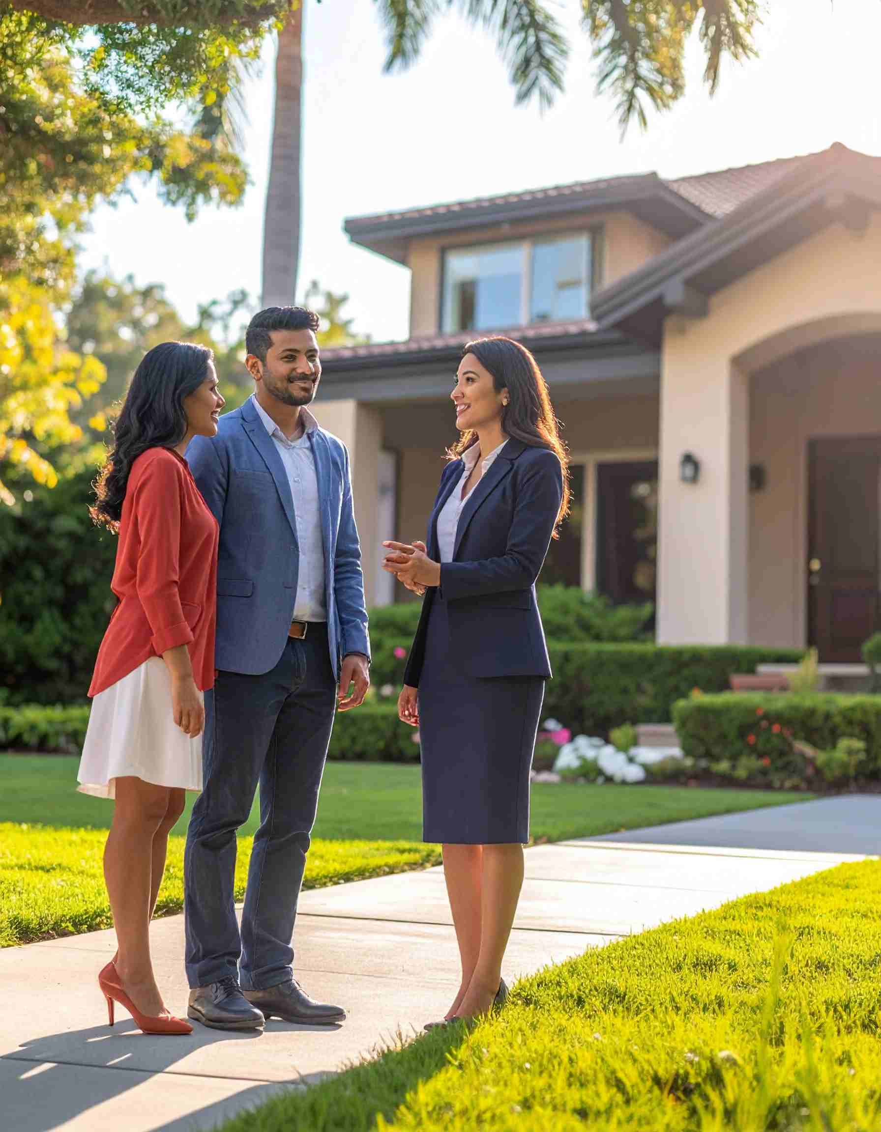 Firefly_Usa real estate woman - an agent is talking with another couple near a house. 583555